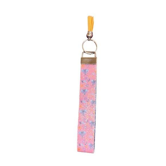 ☀️3/$12☀️ Glitter Butterfly and Flower Faux Leather Keychain with Orange Tassel - Picture 1 of 4